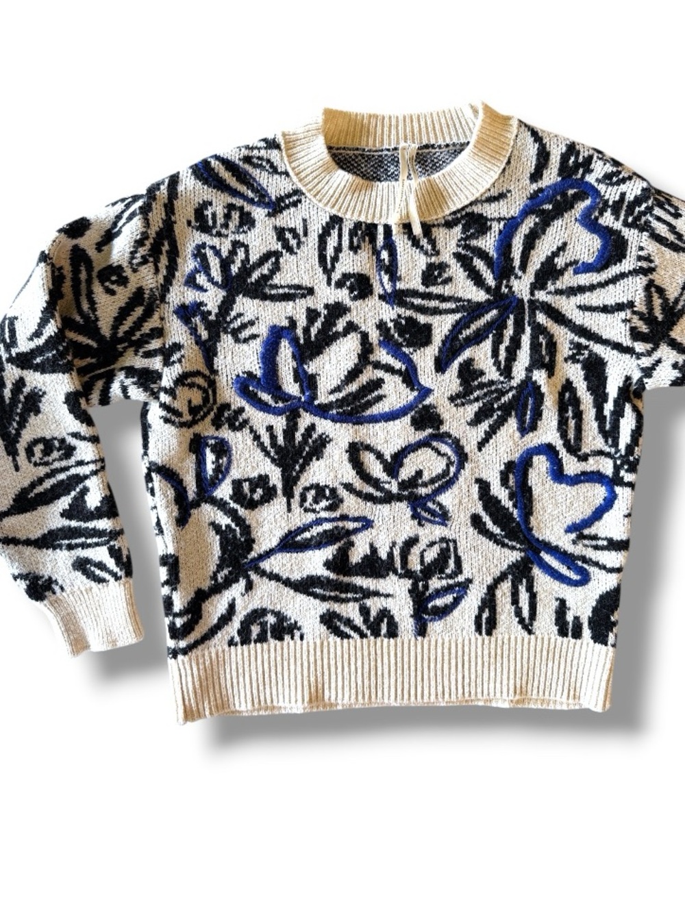 By Anthropologie Floral Pop Art Embroidered Pullover Sweater Blue/Black Size XXS - Picture 5 of 11